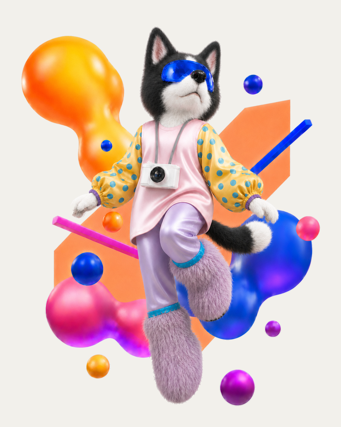 戴蓝色眼罩、相机和毛绒鞋的彩色漂浮小猫动画