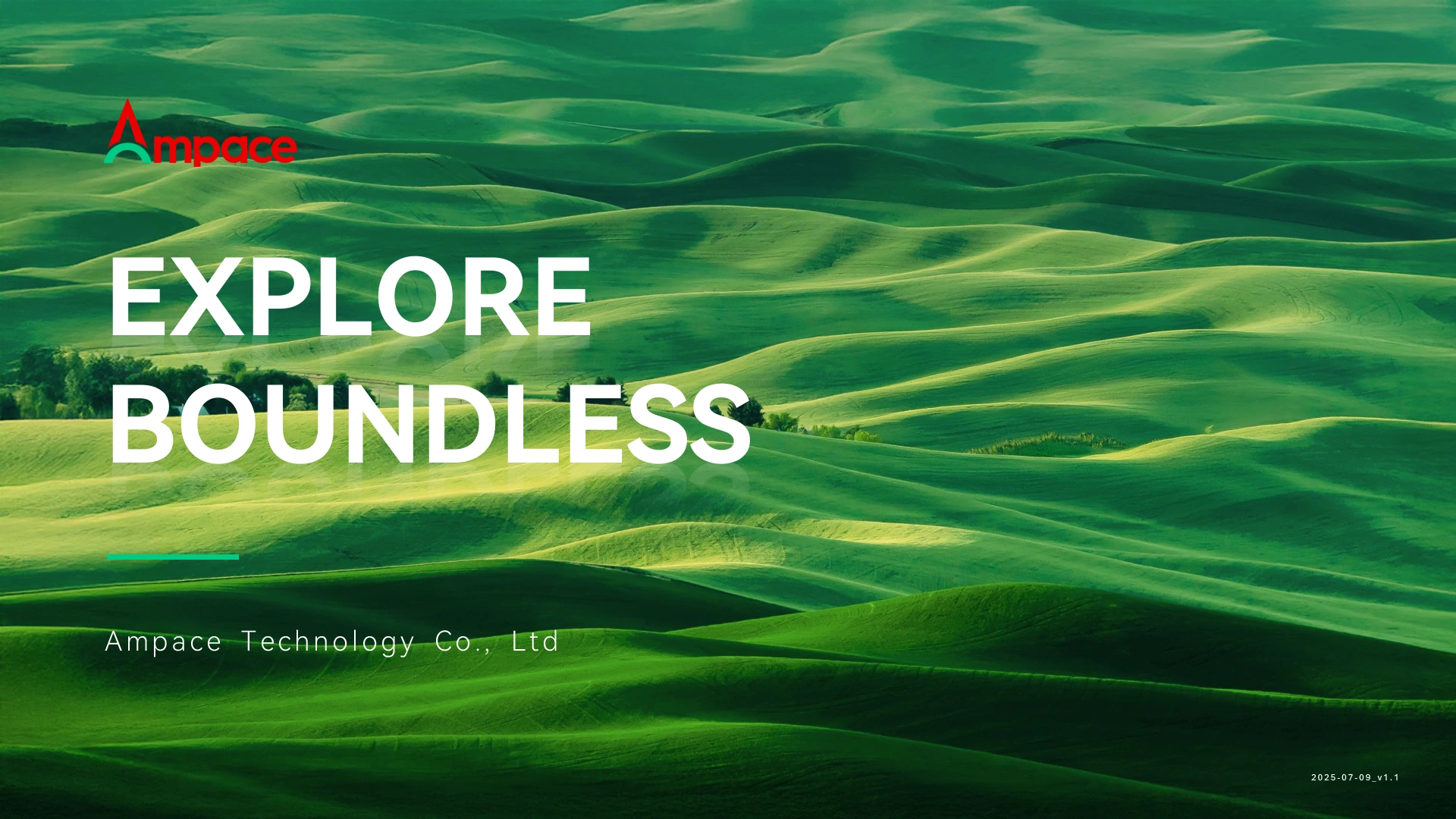 新能安公司介绍开场页，绿色丘陵背景与 Explore Boundless 标题